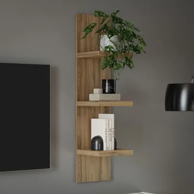 Produktbild von Forte LEWISVILLE Wandregal 30, modernes Wandpaneel mit 3 Regalböden, Holzwerkstoff, Wohnzimmer, Valenica Eiche Holzdekor, 30 cm breit x 135 cm hoch x 29,6 cm tief