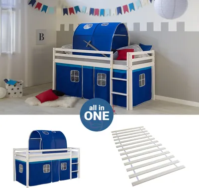 Produktbild von Homestyle4u Hochbett 90x200 mit Lattenrost Tunnel Vorhang blau Kinderbett Weiß Holz Kiefer Massiv Jugendbett
