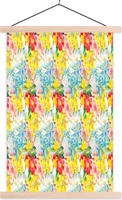 Produktbild von MuchoWow® Textilposter Blumen - Muster - Farben 120x180 cm mit holzfarbenen Rahmen - Textil-Plakat