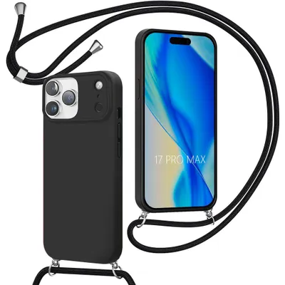 Image de Coque pour iPhone 17 Pro Max, Protection Silicone Antichoc avec Cordon Ajustable Noir