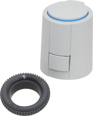 A thermostat actuator and a fitting are shown against a white background.