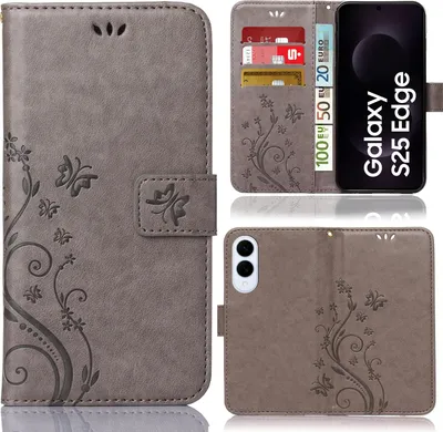 Produktbild von Handytasche für Samsung Galaxy S25 Edge Schutz Hülle Handyhülle mit Blumenmuster Klapp Hülle mit Standfunktion und Kartenfächer Farbe: Grau