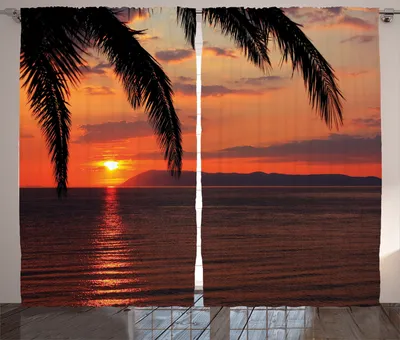 Produktbild von ABAKUHAUS Exotisch Rustikaler Vorhang, Sonnenaufgang auf Meer und Palmen, Wohnzimmer Universalband Gardinen mit Schlaufen und Haken, 280 x 175 cm, Orange Gelb