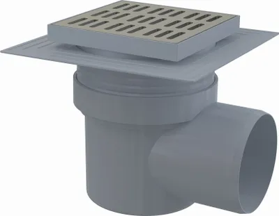 Produktbild von AlcaDrain Bodenablauf 150×150/110 mm mit einem waagrechten Abgang, Edelstahl Rost, Manschette-2. Abdichtung, Geruchsverschluss mit Sperrwasser