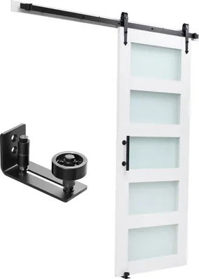 Image de Porte coulissante SucceBuy de style grange avec verre dépoli (762 x 2134 mm), fabriquée à partir de panneaux MDF robustes avec revêtement PVC hydrofuge, kit de quincaillerie et cadre en H inclus – idéale pour les salles de bains.