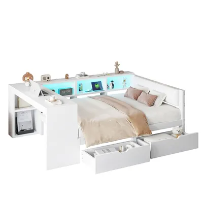 Produktbild von Merax Tagesbett Schlafsofa 140x200 cm mit Steckdosen, LED, 2 Schubladen, Schreibtisch, Ablagefach, Gepolstertes Kopfteil, Kinderbett, Holzbett, Weiß