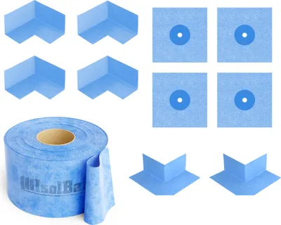 Produktbild von Isolbau 206B Bandset - Dicht-Set für den Innen und außen bereich inkl. 50 m Dichtband, 4x Innenecken, 2x Außenecken & 4x Wandmanschetten, Abdichtung Dusche Bad Küche Wand Wasserdicht