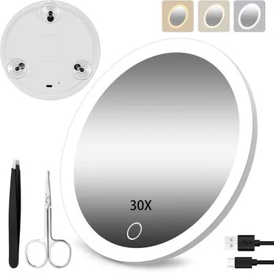 Obrázok produktu pre LED-lampa s 30-násobným zväčšením, cestovné zväčšovacie zrkadlo s 3 úrovňami nastavenia farieb, 15,24 cm LED-zväčšovacie kozmetické zrkadlo s LED-osvetlením a nástavcami