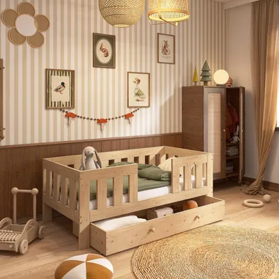 Produktbild von Kinderbett mit hochem Rausfallschutz und Schublade, 80x160 cm