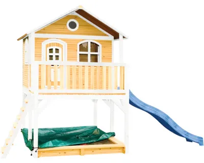 Produktbild von AXI Spielhaus Marc mit Sandkasten & blauer Rutsche | Stelzenhaus in Braun & Weiß aus Holz für Kinder | Spielturm mit Wellenrutsche für den Garten