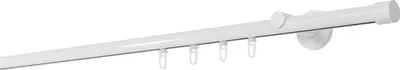 A white curtain rod with attached hooks, shown against a white background.