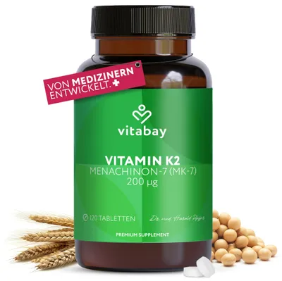 Produktbild von Vitabay Vitamin K2 MK-7 200 µg – 120 vegane Tabletten – Für Knochen & Blutgerinnung – Hochdosiert Vegan MK7 All-Trans Mikroverkapselt – Labor in Deutschland – Vorrat für 4 Monate