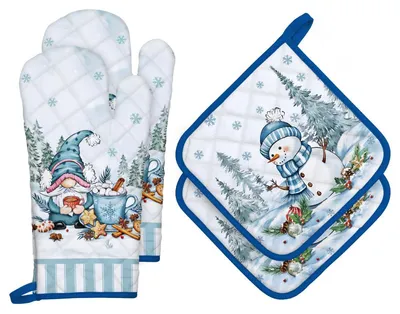Immagine prodotto di Set natalizio per la cucina, composto da 4 pezzi: 2 guanti da forno e 2 presine, in cotone, resistenti al calore