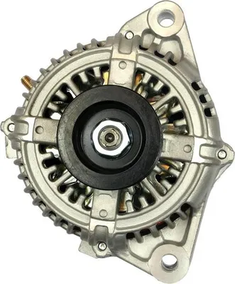 A close-up, front-facing view of a car alternator.