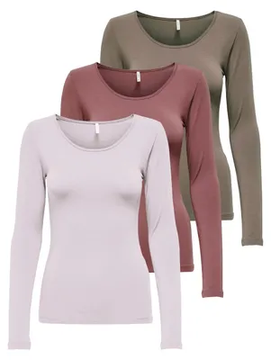 Produktbild von ONLY Damen Onllive Love LS O-Neck TOP 3-Pack, Walnut/Rose Brown/Lavender Fog, S