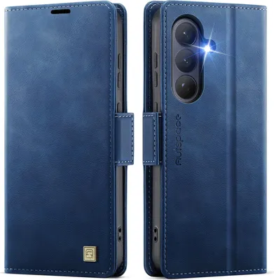 Immagine prodotto di Custodia in pelle per Samsung Galaxy S26, protezione RFID, chiusura magnetica, scomparti per carte e supporto Blu