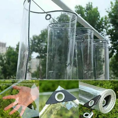 A collage of images showing a clear PVC tarp, a hand reaching through it, a reinforced corner of the tarp, and a rolled-up tarp.