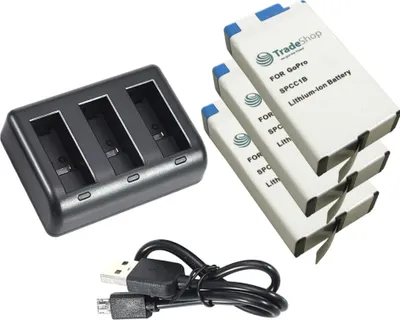 Produktbild von 3-fach Ladegerät + 3x Akku 1400mAh für GoPro Max Kamera inkl. Micro-USB Kabel - ersetzt SPCC1B, ACBAT-001, BC-GP7C - Ladestation Ladekabel