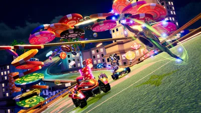 A racing game scene with stylized vehicles and casino-themed elements like giant poker chips.