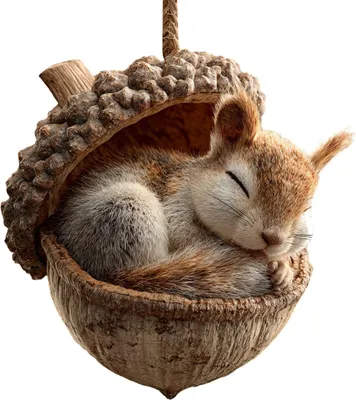 A sleeping squirrel curled up inside an acorn.