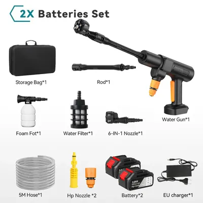 Image de Nettoyeur haute pression mobile - Pistolet haute pression sans fil - Moteur sans balais de 300 W - 2 batteries de 13000 mAh - Buse 6 en 1 - Tuyau de 5 mètres - Noir