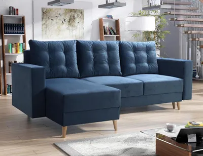 Produktbild von Easy4You Ecksofa Bergen Marineblau L-Form – 235x90x145 cm - Schlafsofa mit Bettkasten und Schlaffunktion - Eckcouch mit Stauraum und Holzfüße, Kissen – Stoff Kronos 09
