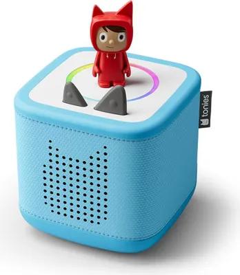 A blue Toniebox starter set with a red character figure on top, set against a white background.