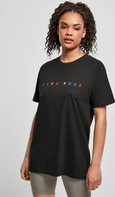 Produktbild von Damen T-Shirt Schwarz Größe L mit aussagekräftigem Frontprint