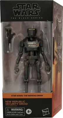 A Star Wars Black Series action figure of a New Republic Security Droid in its packaging.