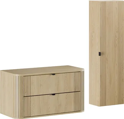 Produktbild von Badmöbel-Set 2-teilig mit Waschtischunterschrank 100 cm und Hochschrank in Eiche, gerillt - OLIVA-56