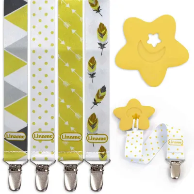 Produktbild von 4er Set Schnullerkette Gelb mit Metallclip inkl. Beißspielzeug Schnuller Halter Schnullerhalter Schnullerband