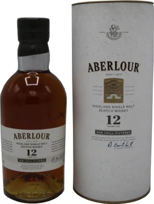 A bottle of Aberlour 12 Years Single Malt Scotch Whisky and its cylindrical packaging are shown against a white background.