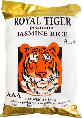 A bag of Royal Tiger premium jasmine rice with a tiger illustration.