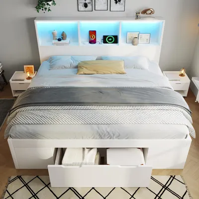 Produktbild von okwish Funktionsbett Jugendbett 140x190 Stauraum beweglicher Nachttisch,Bettrahmen mit LED USB-C Ladefunktion Schlafzimmer Holz Weiß -ohne Matratze