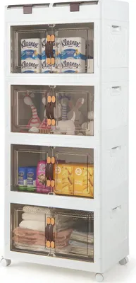 Produktbild von GOPLUS Stapelbare Aufbewahrungsbox mit Deckel, Kunststoffbox mit Rollen & Doppeltür, Ordnungsboxen, Kunststoffschrank, Aufbewahrungsschrank (4 Ebenen)