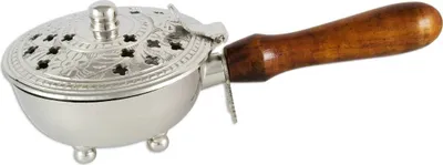 Produktbild von Räucherpfanne M. Griff Holz Echt Messing Vernickelt Ø 9cm Weihrauchpfanne 2176