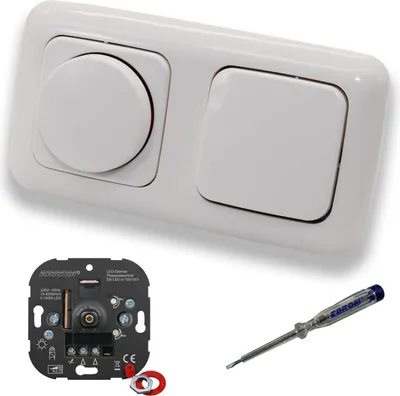 Produktbild von EBROM 1001 LED Drehdimmer Dimmer + Busch Jäger Dimmerscheibe 2115-214 und Kreuzschalter 2000/7 US in Reflex Si alpinweiß glänzend inklusive EBROM Phasenprüfer zur Montage der Geräte