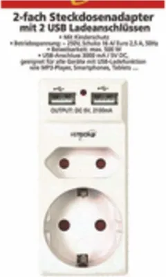 Produktbild von 2-fach Steckdosenadapter + 2 USB Ladeanschlüssen mit Kinderschutz