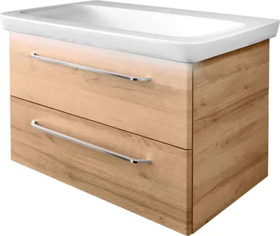 Produktbild von FACKELMANN MILANO Badmöbel Set 3 Teile / Keramik Waschbecken / Waschbeckenunterschrank mit 2 Schubladen / LED-Beleuchtung / Badschrank mit Soft-Close / Korpus & Front: Braun hell / Breite: 88 cm
