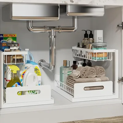 Produktbild von 2 Stück Küchen Organizer, unter Waschbecken Regal, Spülschrank / Badezimmer /Schrank Organizer, Spülschrankregal，2 Etagen Ablageregal,Weiß.