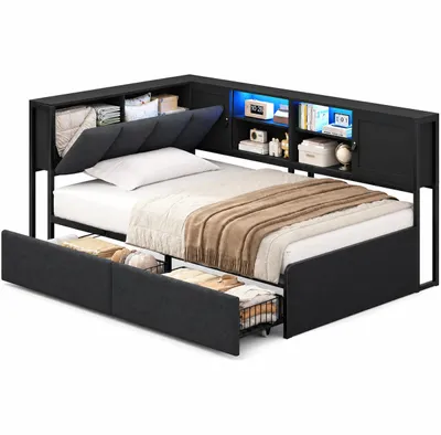 Produktbild von AODEMOKO Polsterbett Schlafsofa, Jugendbett mit LED & USB, Tagesbett 2 Schubladen, Seitenschrank Schiebetüren, Kopfteil Stauraum, Schwarz, 90x200 cm