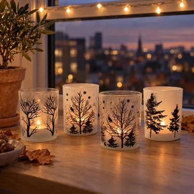Produktbild von Windlicht Set 4 Stück Glas, Teelichthalter mit Baum-Motiven, je 10 cm hoch