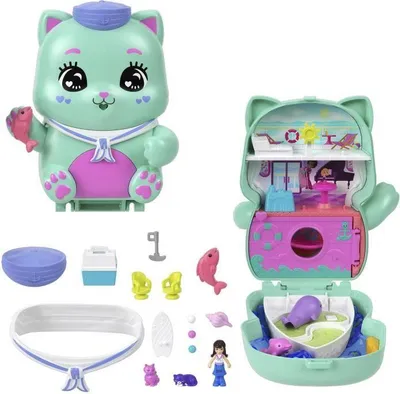 Produktbild von Polly Pocket Marine Kätzchen Reise-Spielset, 6 Spielbereiche, 10+ Zubehörteile, 2 Tiere, Ab 4 Jahren
