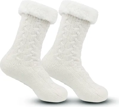Produktbild von ASKSA Cosy Socks Women Men Thick Fluffy Socks with Grippers Soft Warm Winter Hat Socks House Socks, White, Size: EU 36-44