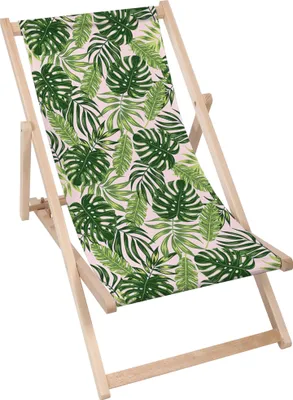 Zdjęcie produktu dla Dreamroots Składany drewniany leżak, drewno bukowe do 130 kg, składany leżak z 3-stopniową regulacją nachylenia oparcia, Tropical Jungle Leaves