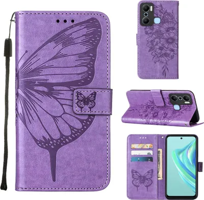 Produktbild von Infinix Hot 20 Play Hülle, Schmetterling Prägung Flip Leder Kartenfächer Schutzhülle Ledertasche mit Ständer für Infinix Hot 20 Play Violett