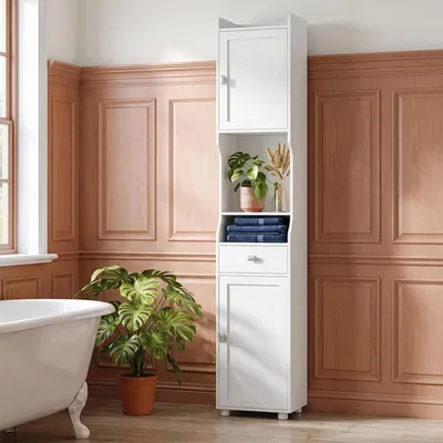 Produktbild von Badezimmerschrank Schmal Hoch, Badschrank mit 1 Schublade | Hochschrank Badezimmer, mit 2 Türen und Verstellbaren Ablagen Offenen Fach Platzsparender