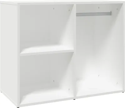 A white, empty shelf unit with a hanging rod on the right side.