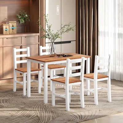 Produktbild von SUGIFT Essgruppe 5-teilig Kiefernholz, Esstisch 4 Stühle Bauernhausstil, Esszimmerset, Braun Weiß | 108 x 65 x 75 cm | massiv Kiefer | platzsparend