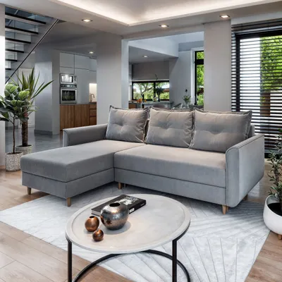 Zdjęcie produktu dla Masseno Narożnik PISAN L-S z funkcją spania i pojemnikiem na pościel Kształt L, Rozkładana sofa, Rogówka - Jasnoszary, PAROS 05